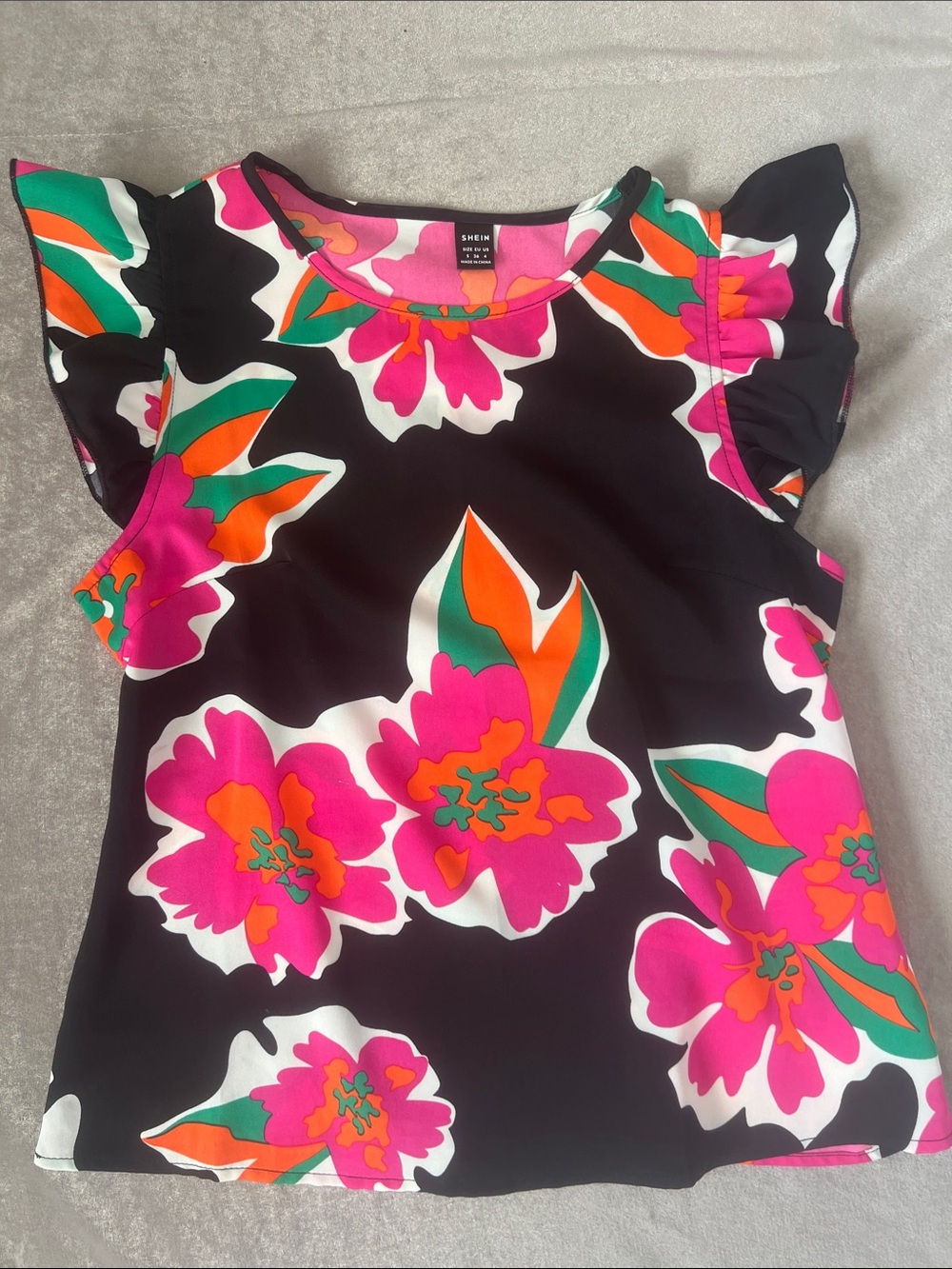 SHEIN Black Floral Flutter Sleeve Top - Pink, Orange & Green